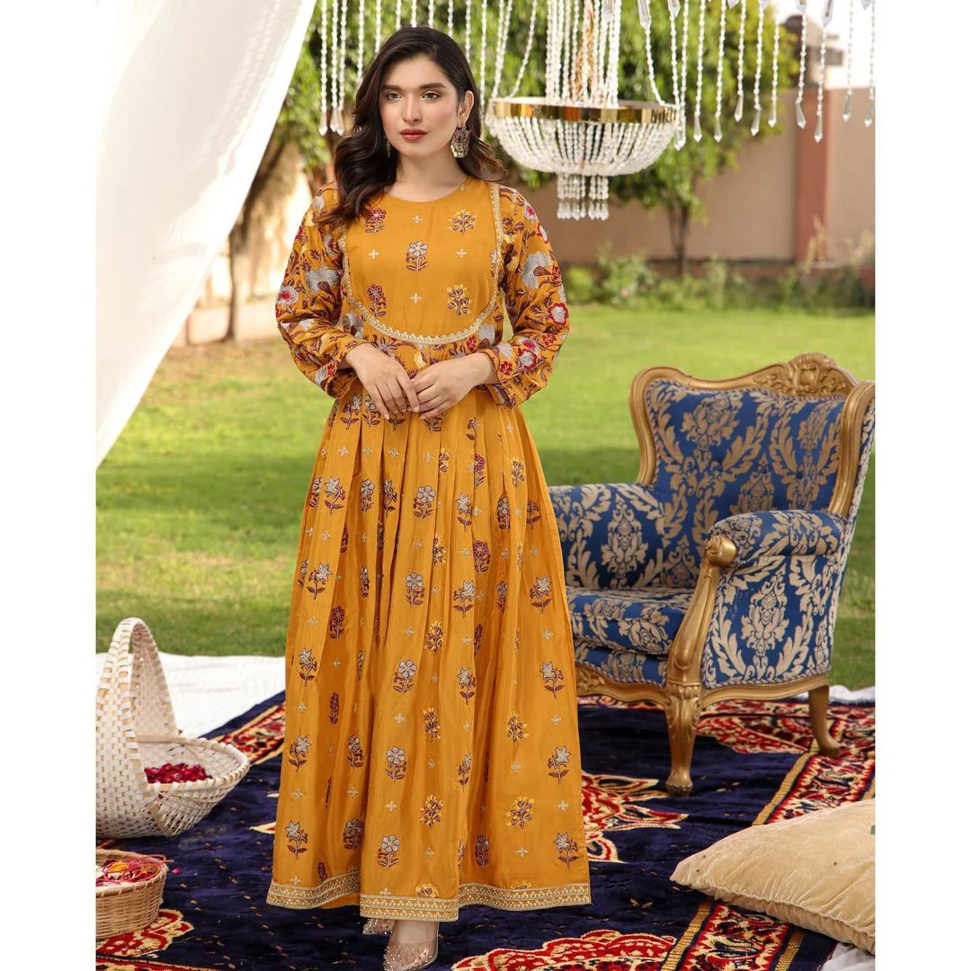 Yellow Multi Flower Embroidery Frock - Image 3