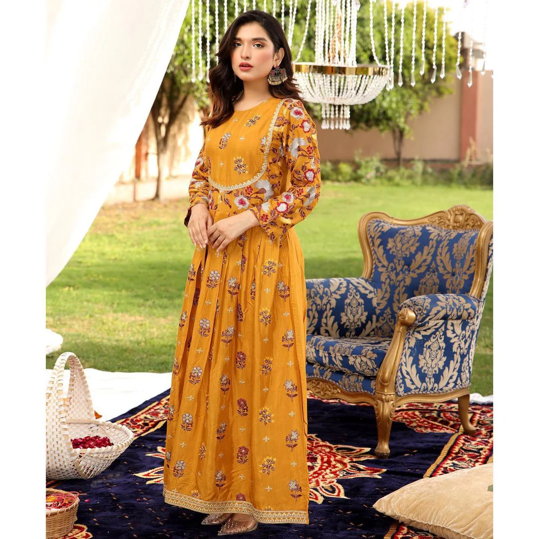Yellow Multi Flower Embroidery Frock - Image 4